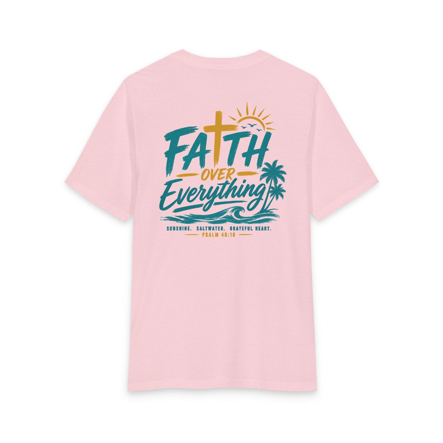 Faith Over Everything Tee — Tropical Cross Sunrise Christian T-Shirt