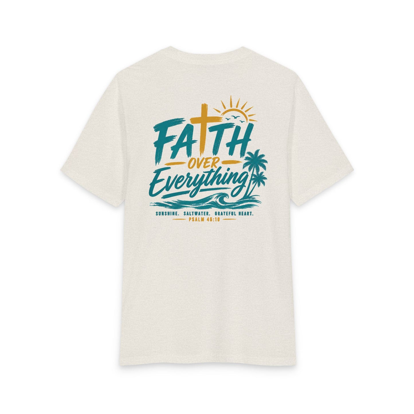Faith Over Everything Tee — Tropical Cross Sunrise Christian T-Shirt