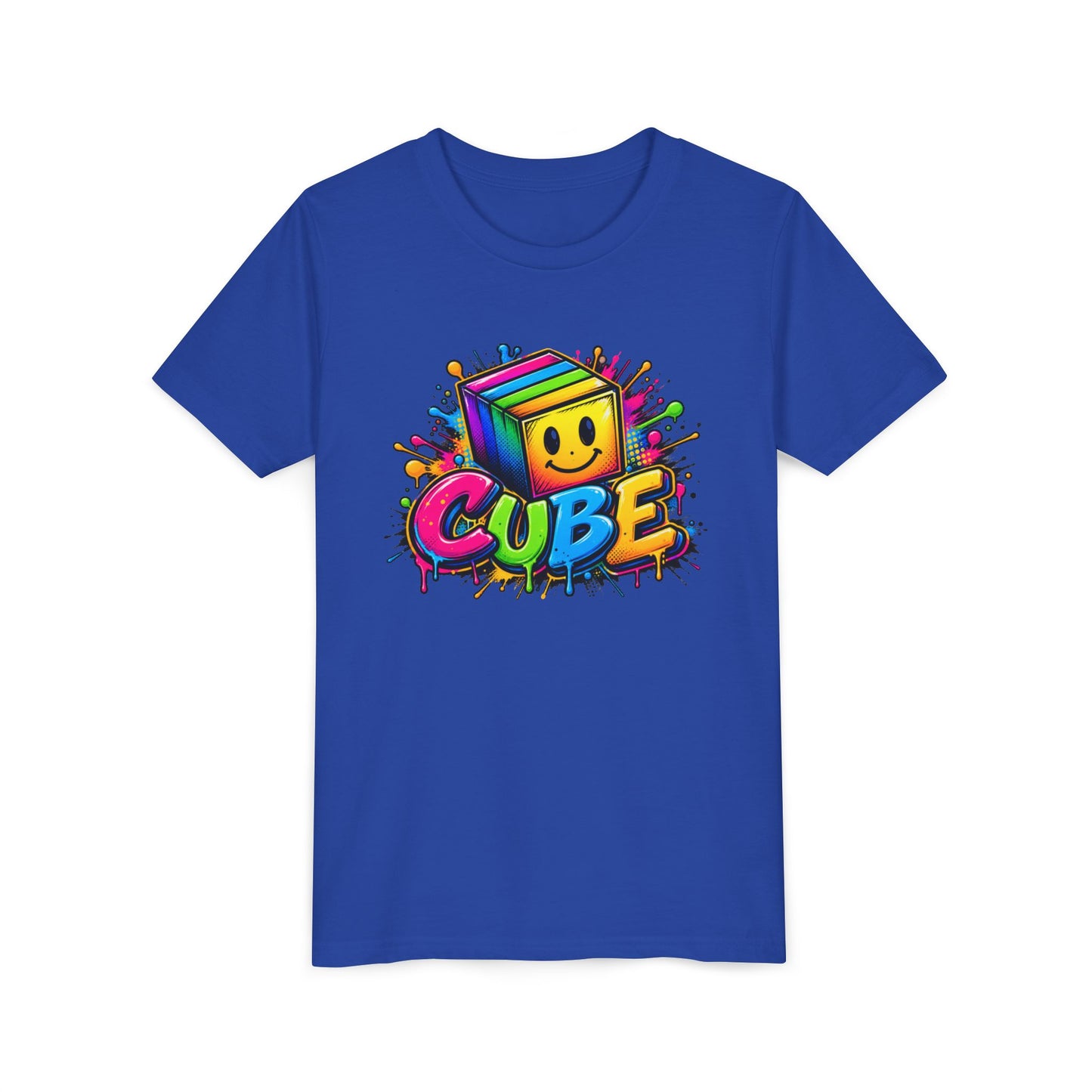 Youth Tee — Colorful Smiling Cube Graphic “CUBE” Kids Shirt