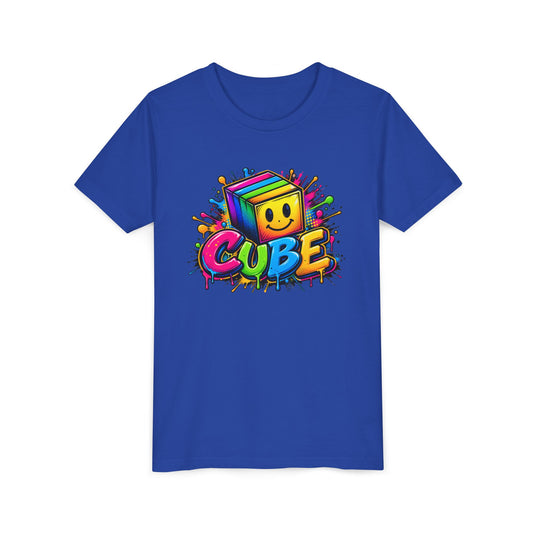 Youth Tee — Colorful Smiling Cube Graphic “CUBE” Kids Shirt