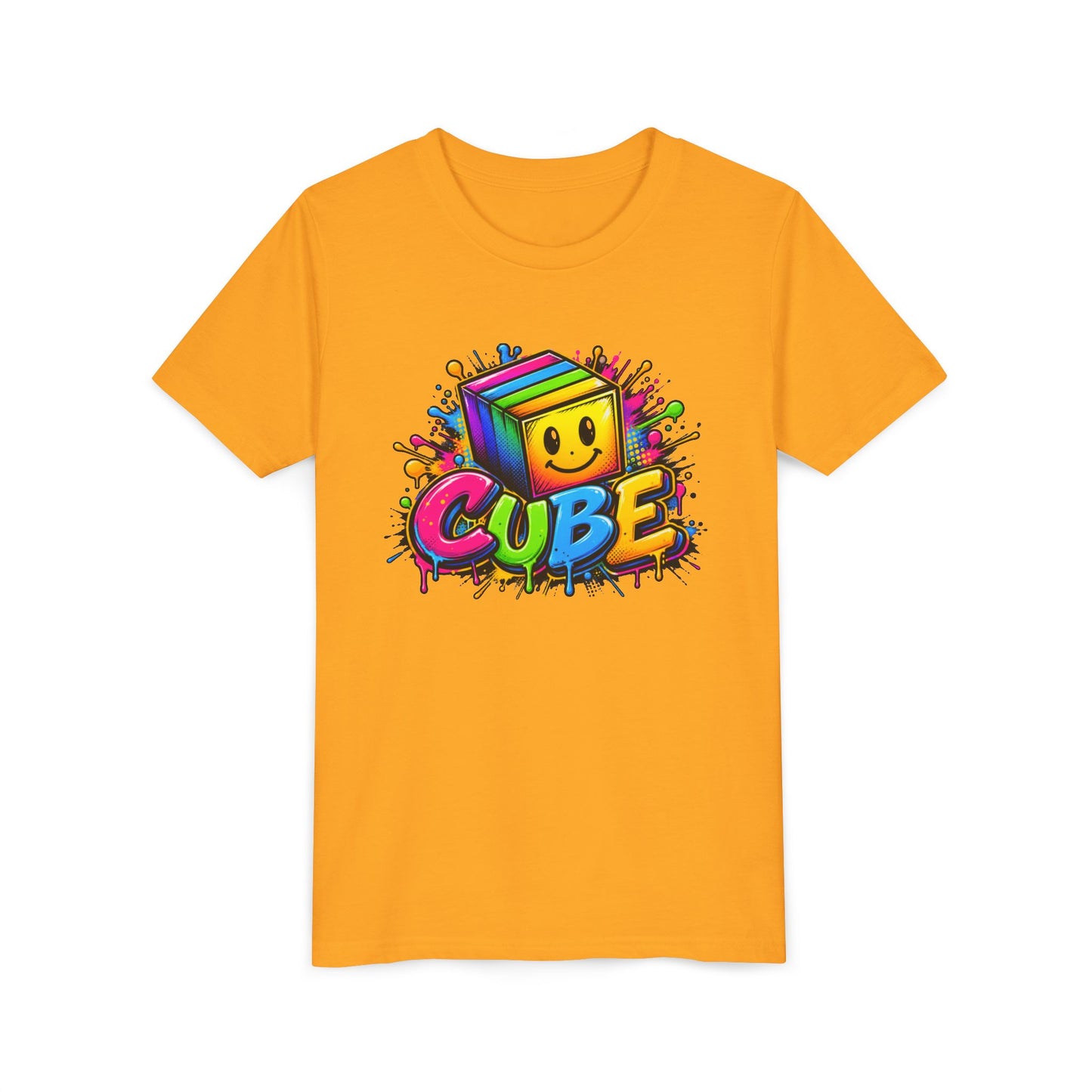 Youth Tee — Colorful Smiling Cube Graphic “CUBE” Kids Shirt