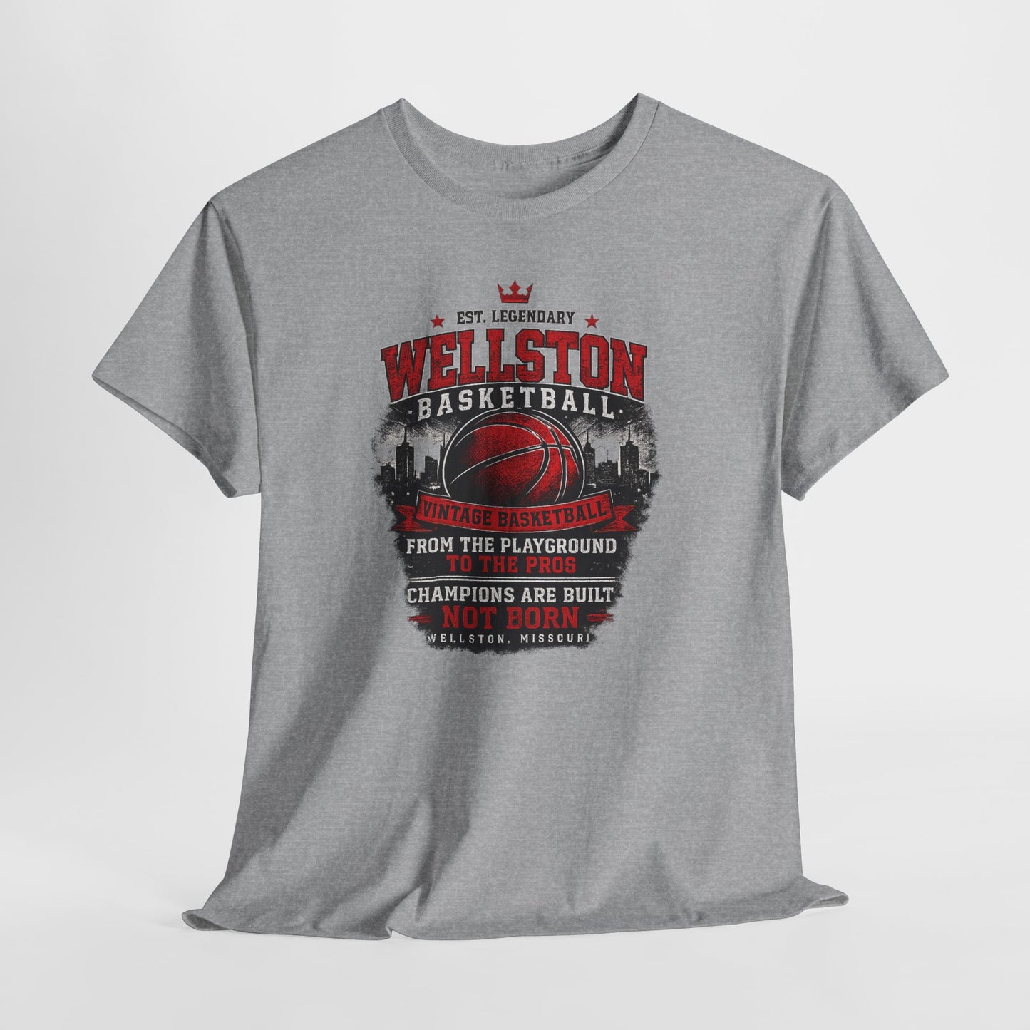 Wallston Basketball Team Tee — Vintage Red Basketball Graphic "Champions Are Built Not Born"