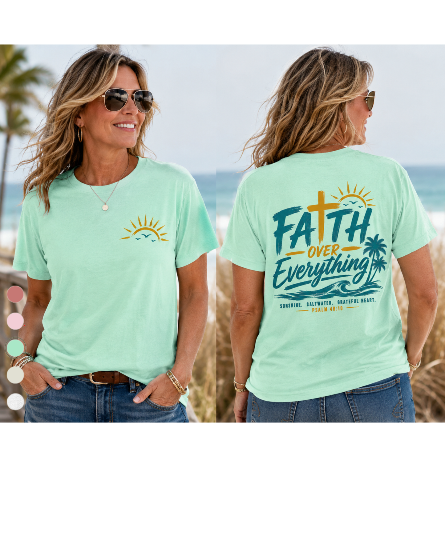 Faith Over Everything Tee — Tropical Cross Sunrise Christian T-Shirt
