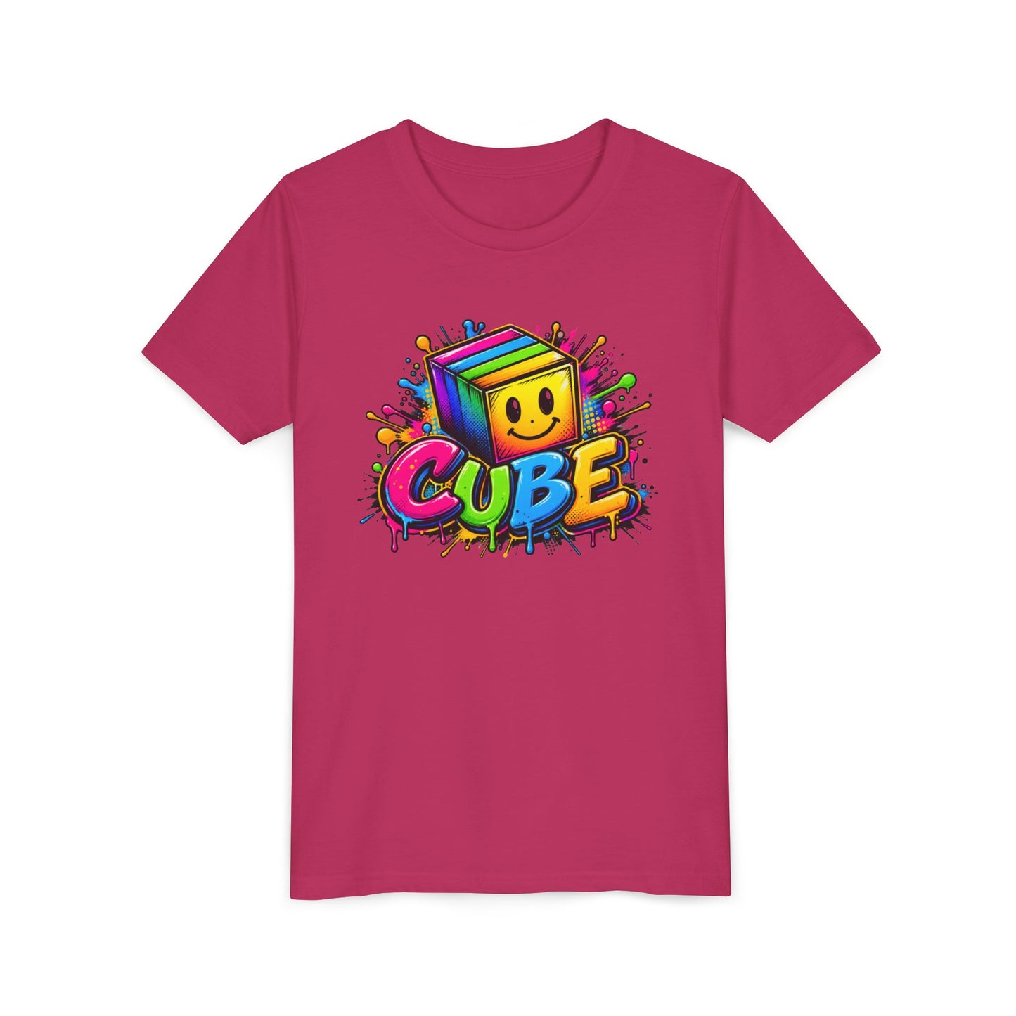 Youth Tee — Colorful Smiling Cube Graphic “CUBE” Kids Shirt