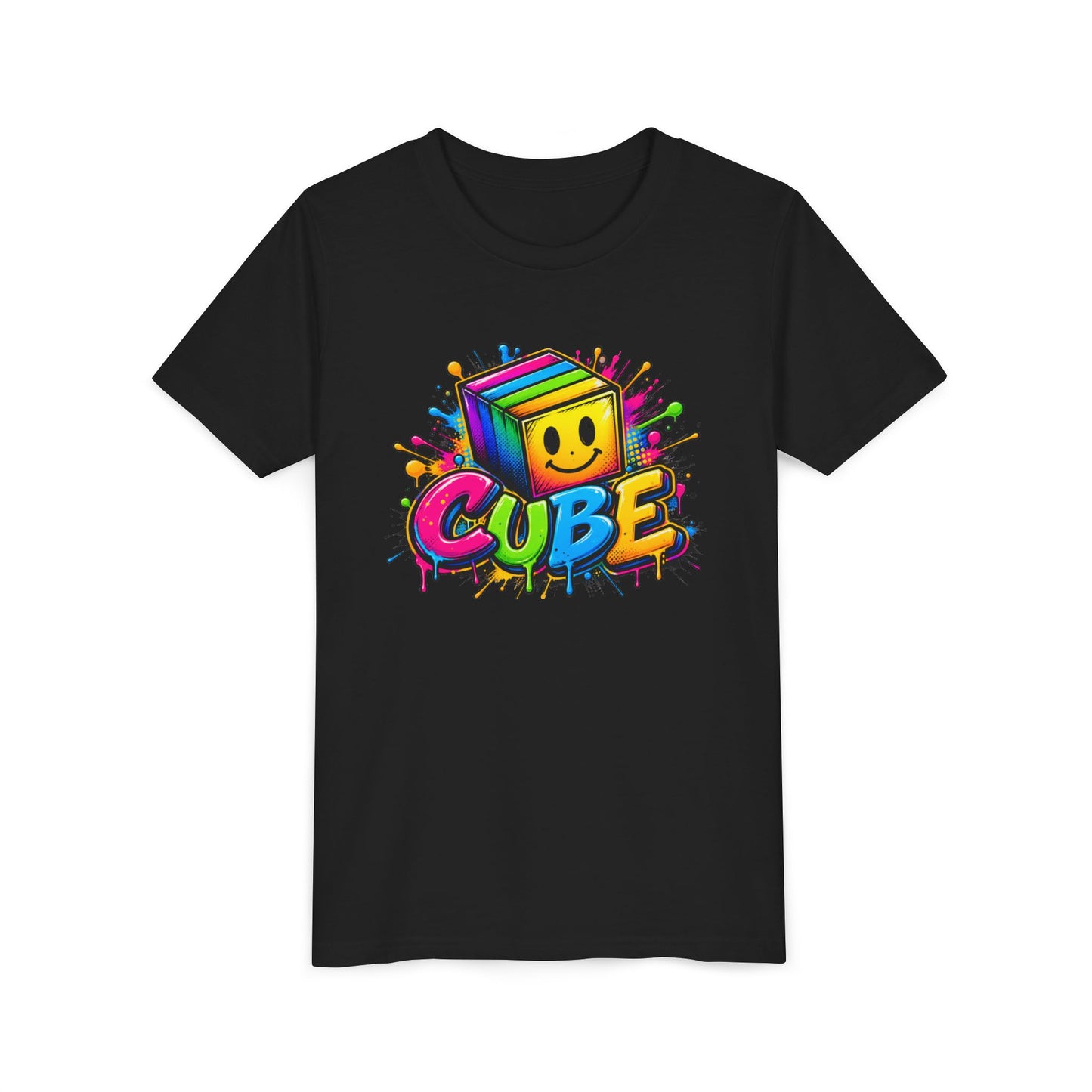 Youth Tee — Colorful Smiling Cube Graphic “CUBE” Kids Shirt