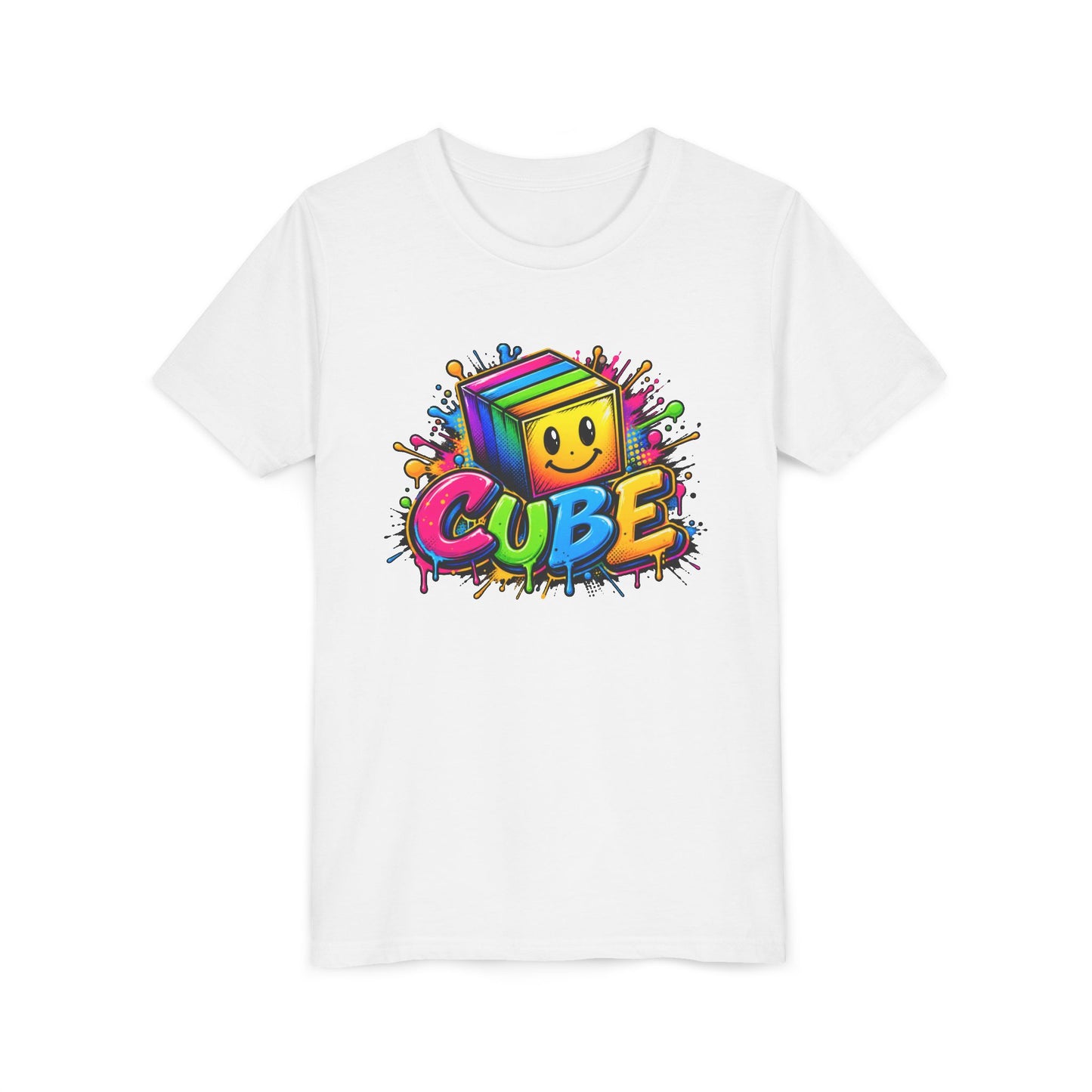 Youth Tee — Colorful Smiling Cube Graphic “CUBE” Kids Shirt