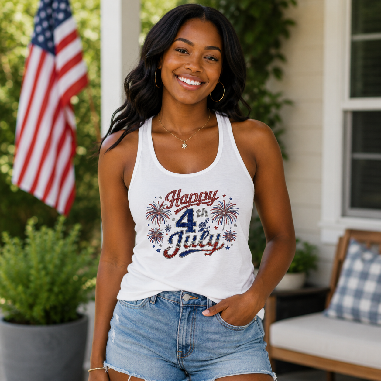 Women's Ideal Racerback Tan Happy 4th