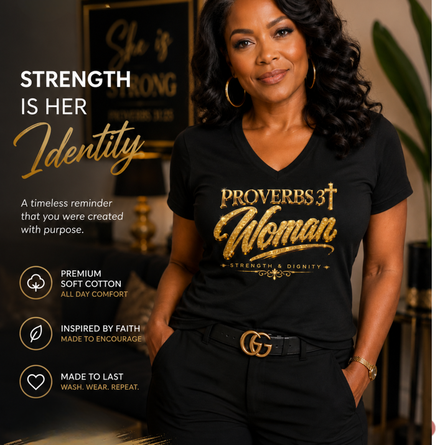 Proverbs 31 Woman V-Neck Tee – Strength & Dignity Christian T-Shirt