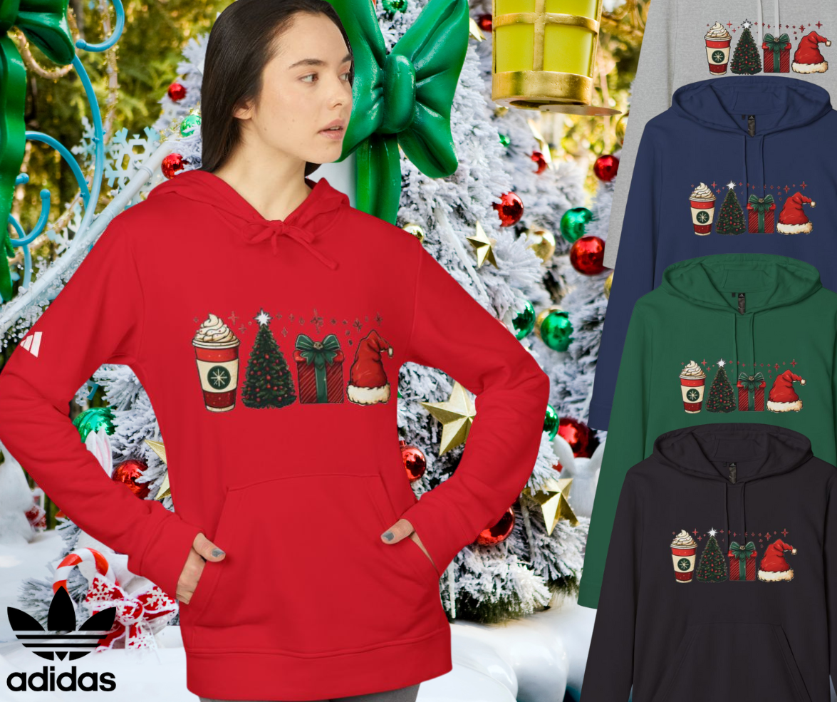 Christmas Icons Hoodie — Holiday Coffee, Tree, Gift & Santa Hat Sweatshirt